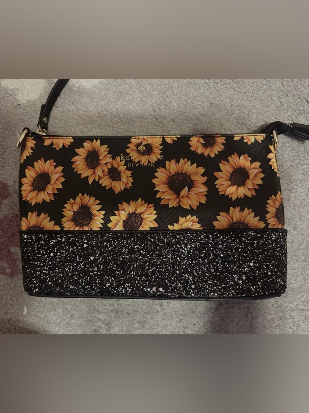kate spade Black Sunflower Print Crossbody Bag with Glitter Trim